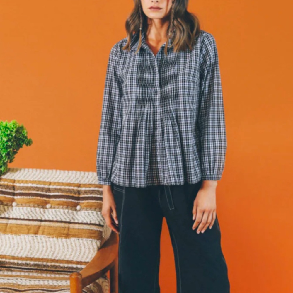 The Little Project Small Frankie‎ Plaid Shirt Pleated Peplum Long Sleeve Cotton